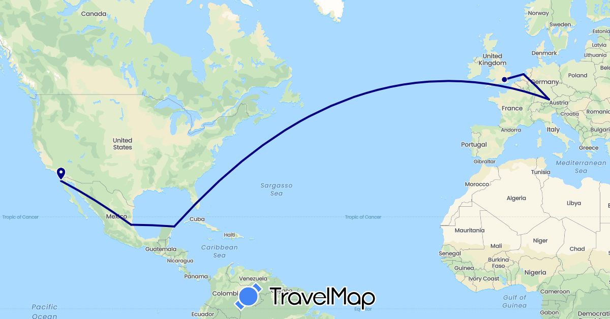 TravelMap itinerary: driving in Germany, United Kingdom, Mexico, Netherlands (Europe, North America)